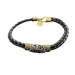 Braided Leather Bracelet With Ornate Gold-Toned Clasp & SB Logo Charm